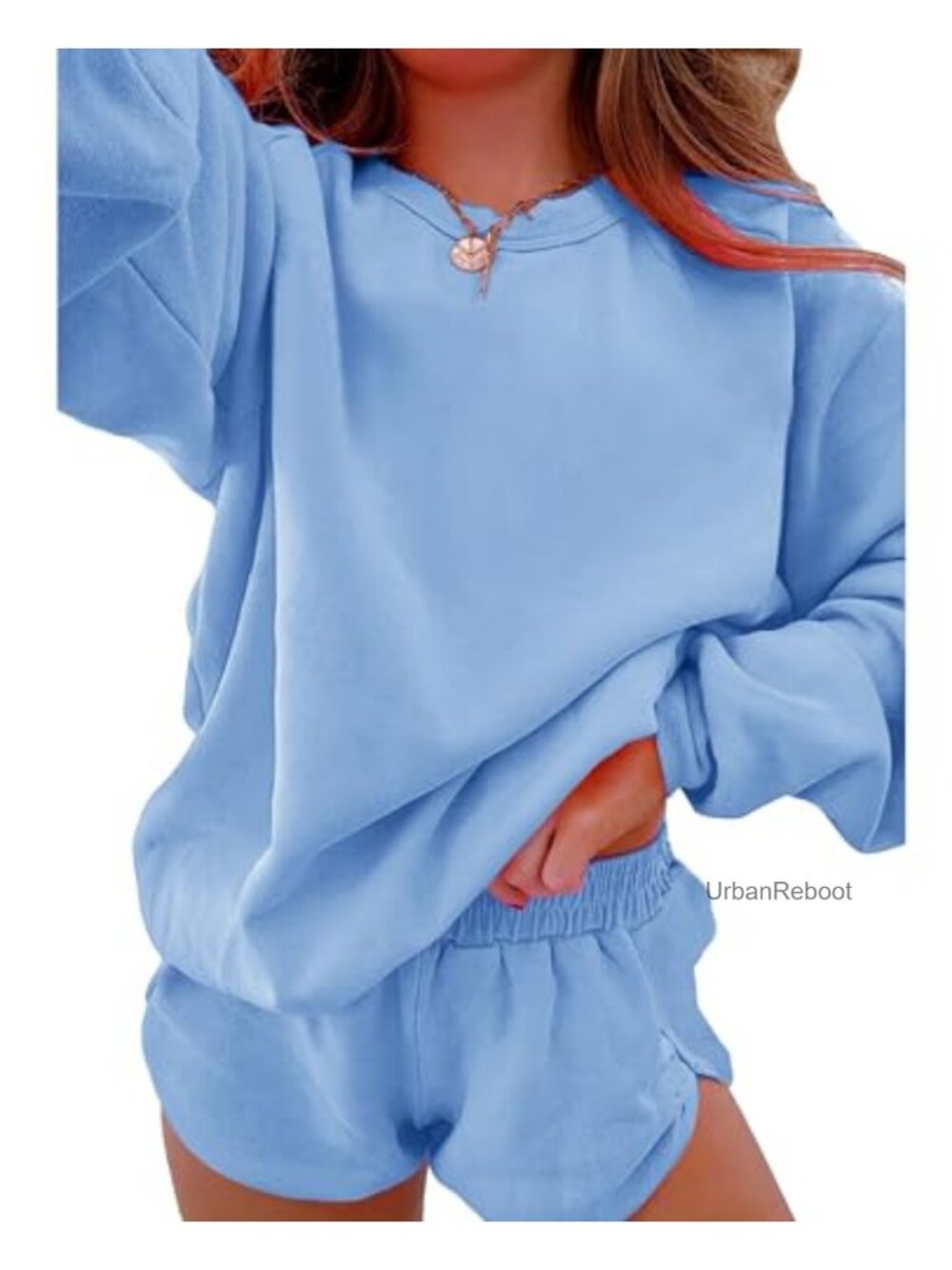 2 Piece Sweatsuit Long Sleeve Pullover & Shorts Set Cotton Lounge Active - Picture 1 of 5